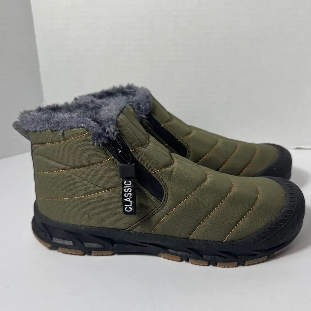 Classic Men Olive Green Quilted Puffer Snow Boots Faux Fur‎ Lined  US 6.5
